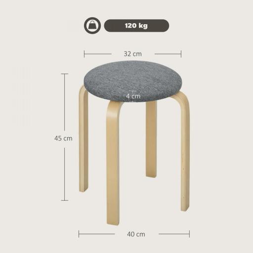 Juego de 4 Taburetes Redondos de Madera Apilables con Asiento Acolchado para Cocina Comedor Dormitorio Gris [1]