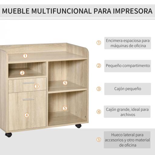 Armario para Impresora con 3 Compartimentos 2 Cajones para Archivos Estante Ajustable Ruedas 80x40x72 cm Roble [5]