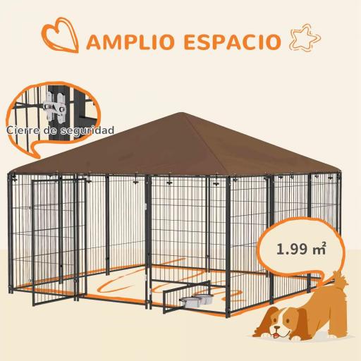 Perrera con Toldo y Soporte Giratorio para Comida 2 Cuencos Incluidos 211x211x151 cm Negro y Café [2]