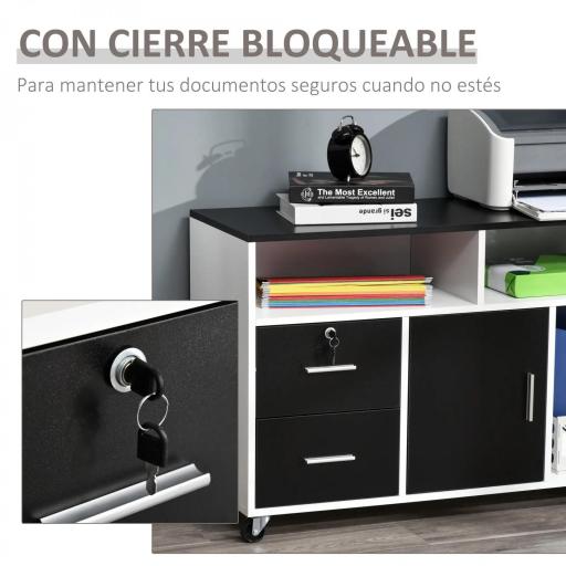 Mueble Auxiliar de Oficina Mueble Archivador con Ruedas Estantes y Cajones Armario Multiusos con Gran Almacenaje 100x35x65 cm Negro y Blanco [6]