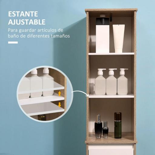 Armario Alto de Baño Mueble Columna de Baño con 1 Puerta Cajón y 3 Estantes Balda Ajustable para Cocina Salón 32,6x30x171,2 cm Madera Natural y Blanco [4]