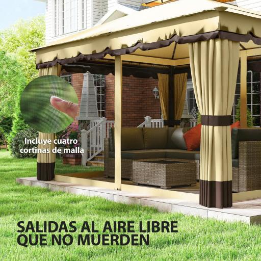 Cenador de Jardín 3,7x3 m con Doble Techo 4 Cortinas y Mosquitera Marco de Acero Orificios de Drenaje UV30+ Beige [4]