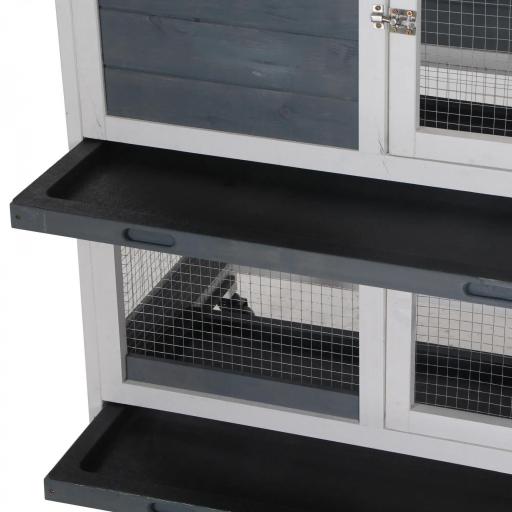 Conejera de Madera con Ruedas 147x45,5x88,5 cm Jaula para Conejos de 2 Niveles con Techo Abrible 2 Corrales de Metal 3 Bandejas Extraíbles 3 Puertas con Pestillo y Rampa Gris [6]