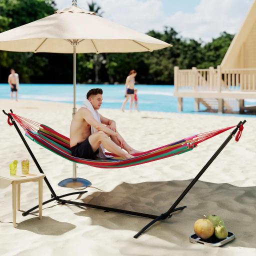 Hamaca con Soporte 310x117cm para Camping con Altura Ajustable y Bolsa de Transporte Carga 120 kg Rayas Naranja y Rojo