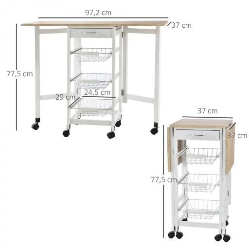 Carrito Auxiliar Plegable Carrito de Cocina con 6 Ruedas 1 Cajón y 3 Cesta de Metal 97,2x37x77,5 cm Blanco y Roble [1]
