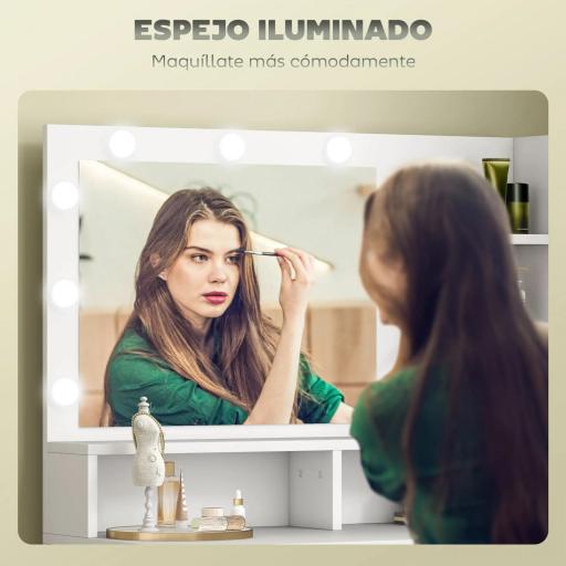 Tocador de Maquillaje con Luz y Taburete Mesa de Maquillaje con 2 Cajones y Estantes de Almacenamiento Blanco [2]