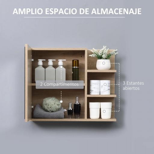 Armario con Espejo para Baño con 3 Estantes Abiertos y 1 Estante Interior Estilo Moderno 60x18x50 cm Natural [7]