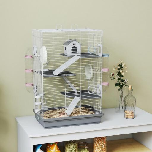 Jaula para Hámster con Túnel Plataformas Cuenco Bebedero Casita Rampas y Rueda de Ejercicio 47x30x70 cm Gris