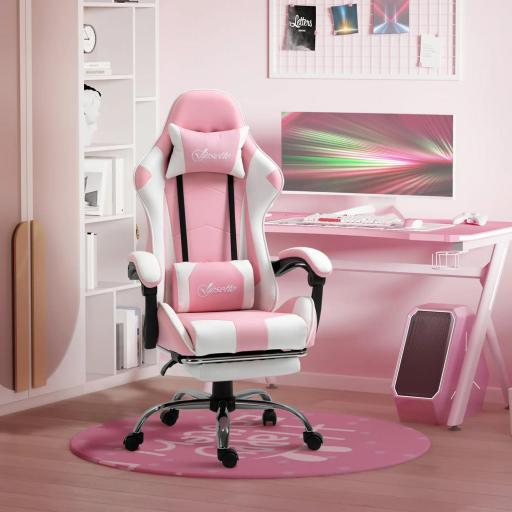Silla Gamer Reclinable con Reposapiés Sillón Gaming con Reposacabezas Cojín Lumbar y Altura Ajustable 64x67x127 cm Rosa