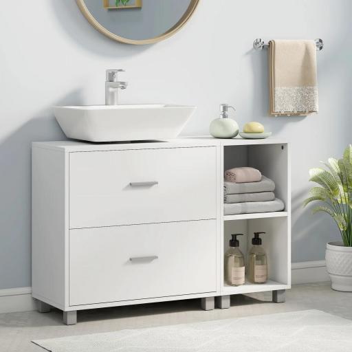Mueble Bajo Lavabo Mueble de Baño con 2 Cajones y 2 Estantes Abiertos para Lavabo con Pedestal 90x30x60 cm Blanco