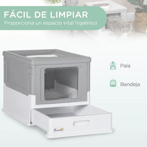 Arenero Cubierto para Gatos Desmontable con Entrada Frontal y Salida Superior con Pala 47,5x35,5x36,7 cm Gris y Blanco [5]