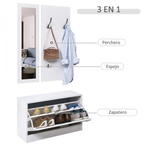 Conjunto de Muebles de Entrada Recibidor Pasillo Set de 3 Piezas Zapatero Espejo Perchero con 4 Ganchos para Colgar Ropa 80x27x46,5cm Blanco [2]