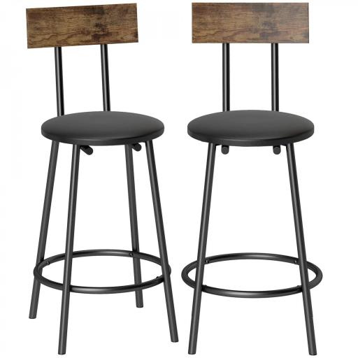 Set de 2 Taburetes de Bar con Respaldo y Reposapiés Tapizados en PU 41x47x92 cm Negro [10]