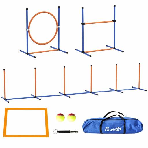 Juego de Agilidad para Perros de 4 Piezas con Piquetes para Slalom Zona de Reposo Valla y Anillo de Salto Naranja y Azul [6]