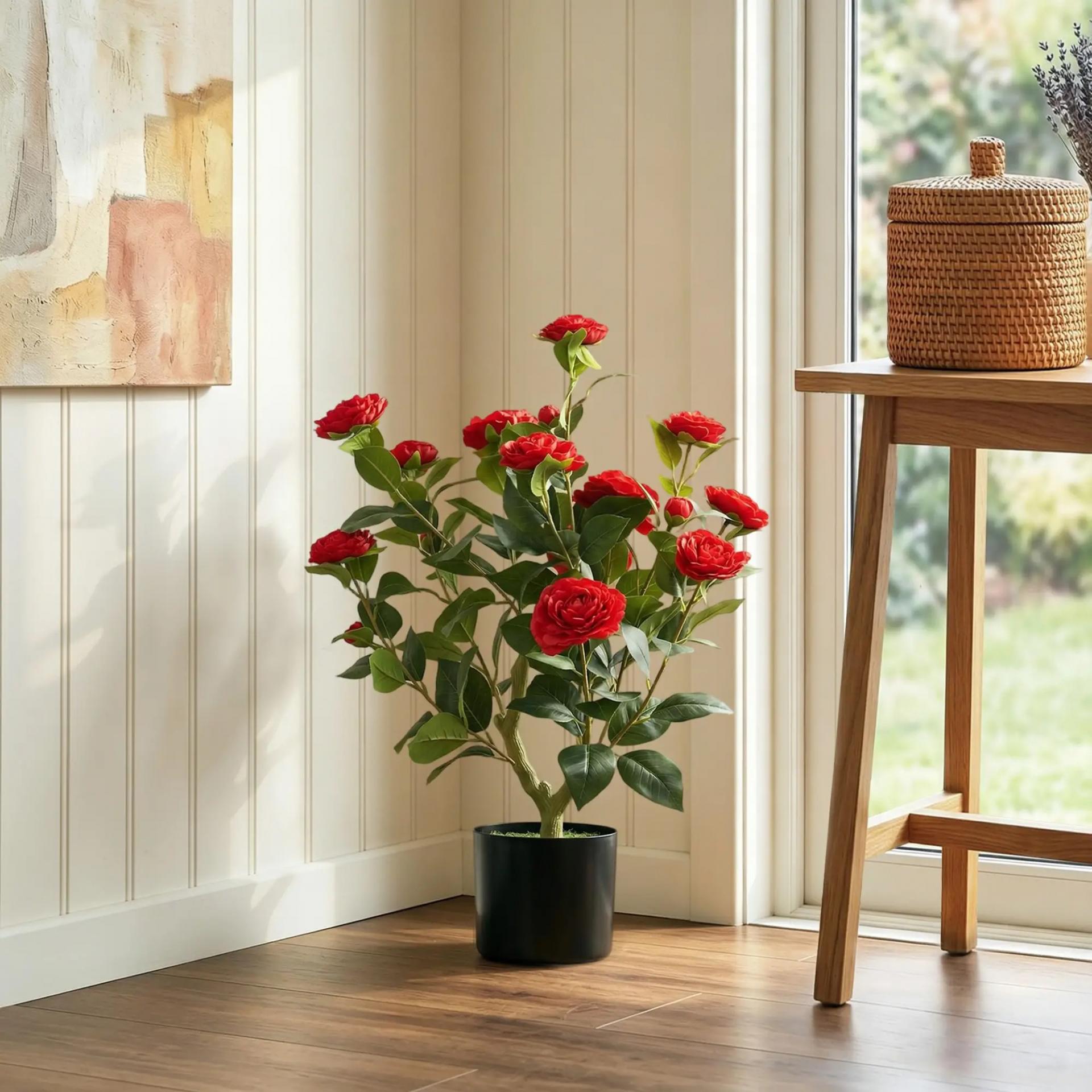 Planta Artificial de Camelia 65 cm Árbol Artificial en Maceta con Flores de Seda Realistas 116 Hojas Efecto Musgo Rojo