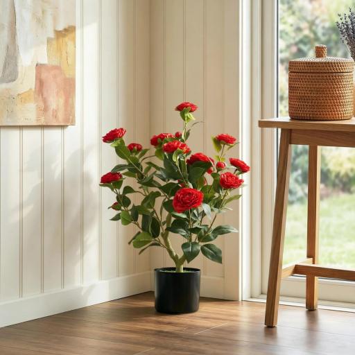 Planta Artificial de Camelia 65 cm Árbol Artificial en Maceta con Flores de Seda Realistas 116 Hojas Efecto Musgo Rojo