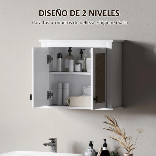 Armario de Pared para Baño Mueble de Baño Suspendido con 2 Puertas de Ratán PE Estante Ajustable 60x19,5x49,4 cm Blanco [4]