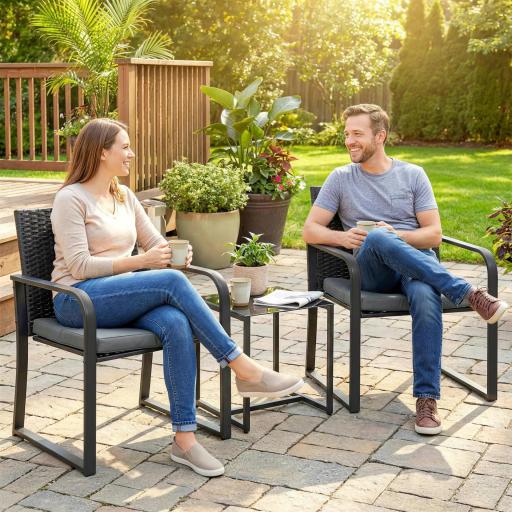 Conjunto de Muebles de Jardín de Ratán Sintético con 2 Sillas con Cojines y Mesa con Tablero de Vidrio Gris [4]