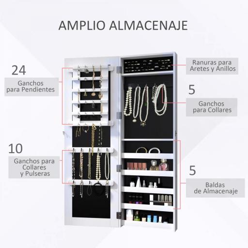Espejo Joyero Colgante de Pared Armario de Joyería Organizador de Joyas con Ganchos y Ranuras para Collares para Dormitorio Salón 37x9,5x112 cm Blanco [5]