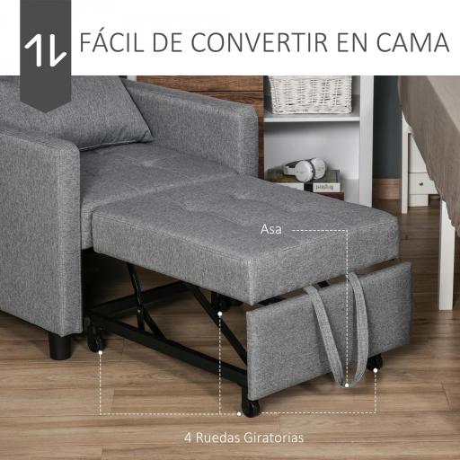Sofá Cama de 1 Plaza Tapizado en Lino con Respaldo Ajustable de 3 Niveles y Almohada Acolchada 69x82,5x84 cm Gris [4]