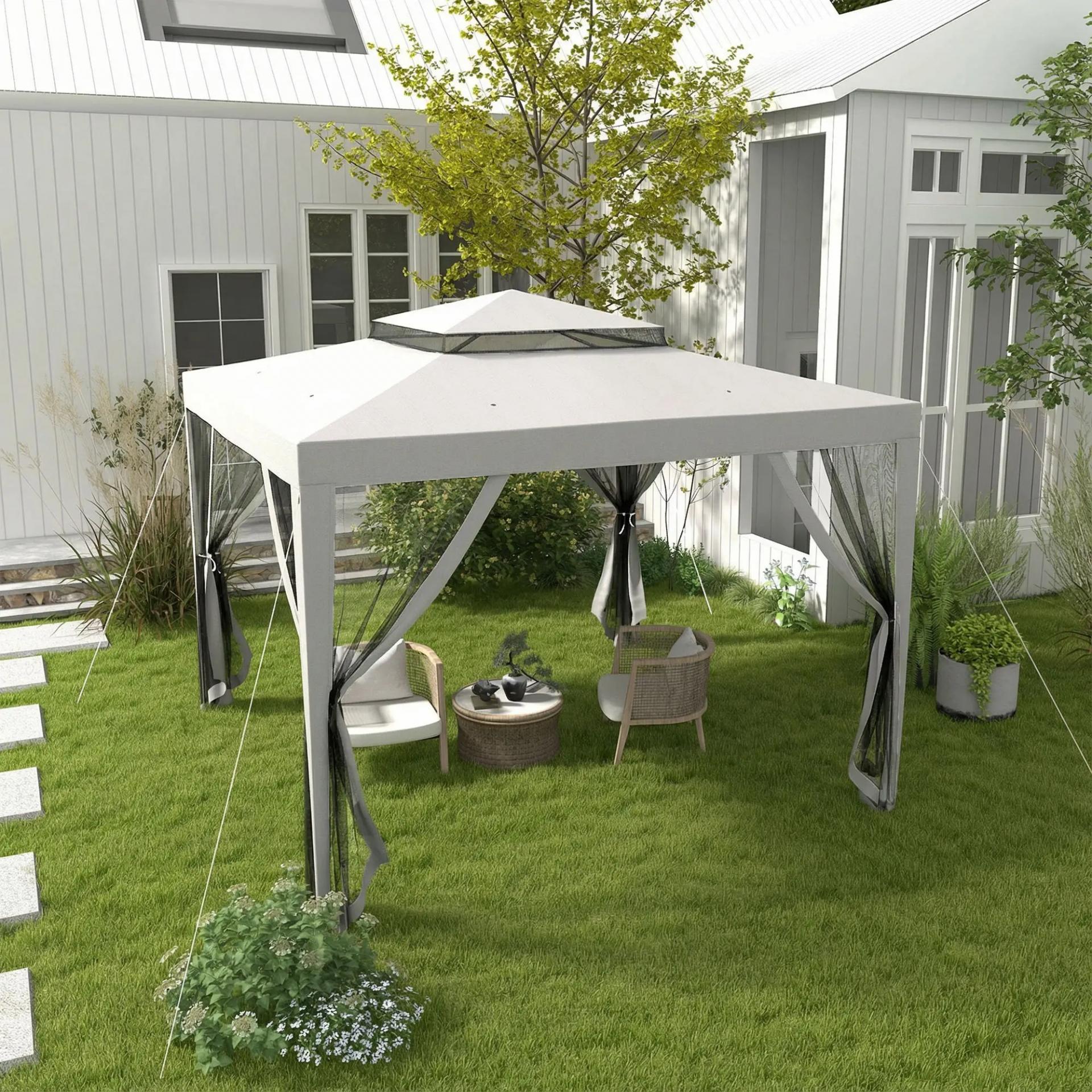 Carpa de Jardín 3x3 m Cenador Gazebo con 4 Mosquiteras Laterales Techo Doble 8 Orificios de Drenaje Marco de Metal Gris
