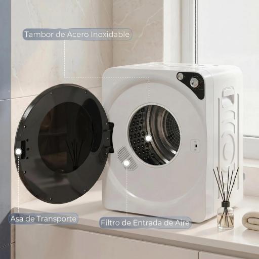 Secadora de Ropa Compacta 5 kg 1000W con 5 Modos de Secado Tambor de Acero Inoxidable Blanco [6]