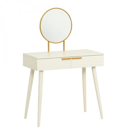 Tocador con Espejo Redondo Mesa de Maquillaje con 2 Cajones Estilo Moderno para Dormitorio Vestuario 80x40x123 cm Blanco [9]