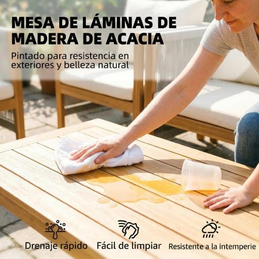 Conjunto de Muebles de Jardín de 4 Piezas con Sofá 2 Plazas 2 Sillones Mesa de Madera Cojines y Cuerda PP Beige [3]