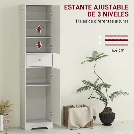 Armario Alto de Baño Estrecho con 2 Puertas Arqueadas Cajón y Estantes Ajustables Moderno 40x29,5x170 cm Blanco Veteado [6]