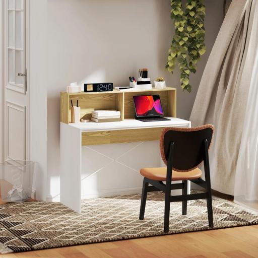 Escritorio 110x50x102,6 cm Mesa de Escritorio con 2 Compartimentos Abiertos y Estante Blanco y Madera Natural [3]