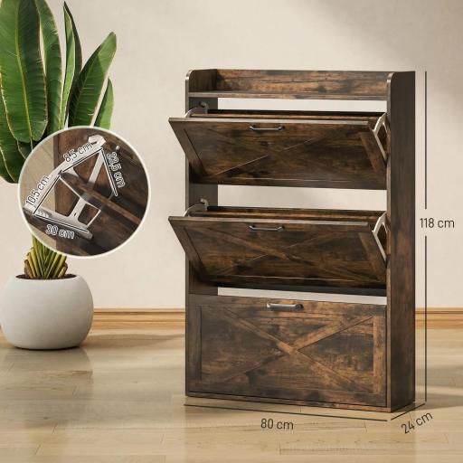 Zapatero Estrecho de 3 Cajones Abatibles para 24 Pares Diseño Rústico con Puertas de Granero 80x24x118 cm Marrón [4]