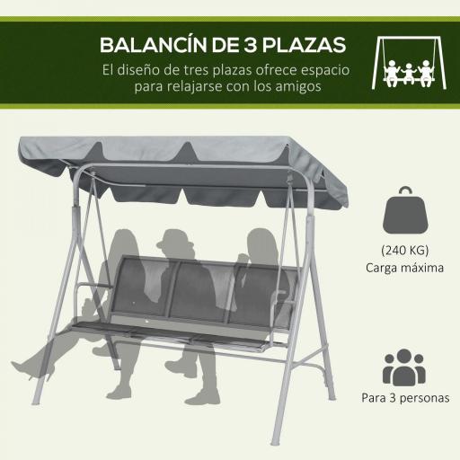Balancín Jardín Exterior de 3 Plazas con Toldo Ajustable Respaldo Transpirable y Marco de Metal 171x108x154 cm Gris [2]