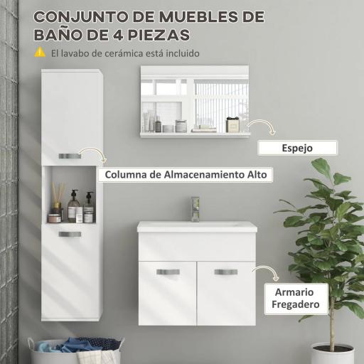Conjunto de Muebles de Baño de Pared 3 Piezas Incluye Espejo Armario con Lavabo Cerámico y Columna de Baño Blanco [5]