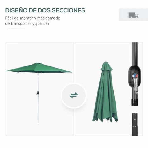 Sombrilla de Jardín Ø295x250 cm con Manivela Parasol Exterior con Mecanismo de Inclinación y Poste Desmontable de Metal para Terraza Piscina Patio Verde [6]