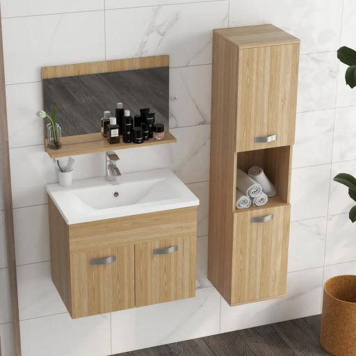 Conjunto de Muebles de Baño de Pared 3 Piezas Incluye Espejo Armario con Lavabo Cerámico y Columna de Baño Natural [7]