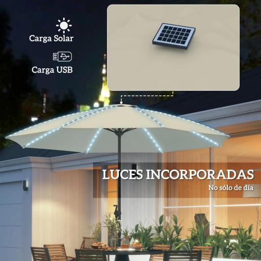 Sombrilla Terraza Exterior con Luces LED Protección UV50+ Poste de Aluminio Manivela Techo Ventilado Ø300x256 cm Crema [3]