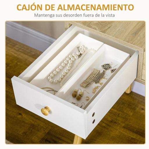 Tocador de Maquillaje con Espejo Abatible 100 cm Mesa de Maquillaje con Taburete Acolchado Cojín Suave Compartimentos y Cajones Patas de Madera Maciza Color Natural [3]