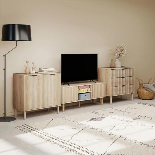 Mesa de TV con Puertas Correderas Estantes Abiertos Orificios para Cables para Televisión hasta 50 Pulgadas Natural [7]