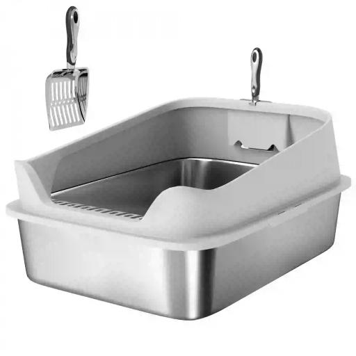 Arenero para Gatos de Acero Inoxidable XXL con Borde Alto Pala Fácil de Limpiar Prueba de Fugas 70x50x30 cm Gris [8]