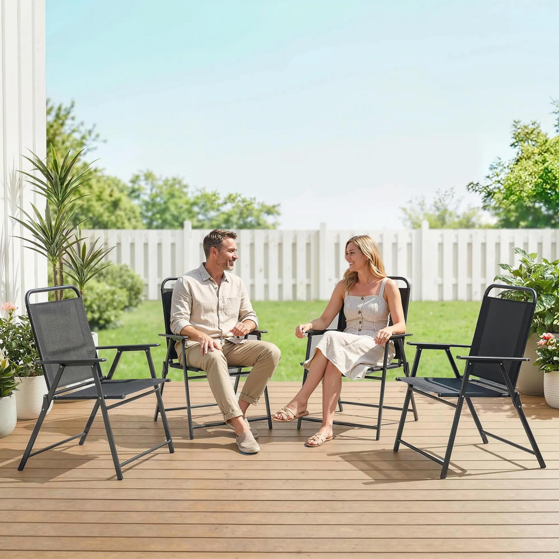 Pack de 4 Sillas de Camping Plegables con Respaldo Alto Asiento Ancho y Reposabrazos Tela Textilene Transpirable Negro
