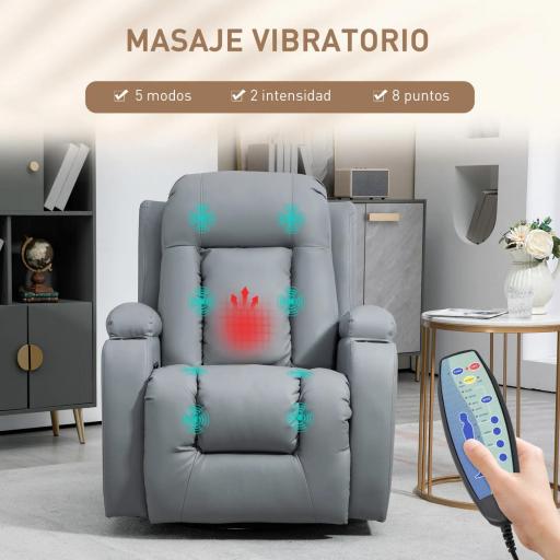 Sillón de Masaje Reclinable con 8 Puntos de Masaje Función de Calefacción Giratorio Mando a Distancia 85x94x104 cm Gris [2]
