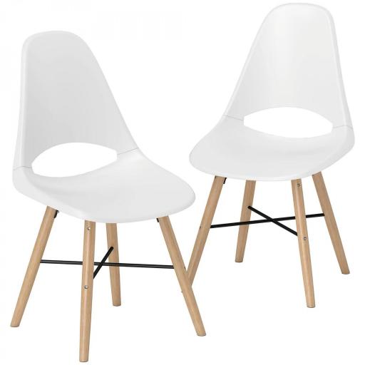 Pack de 2 Sillas de Comedor de Plástico con Respaldo Curvado y Patas de Madera de Caucho Blanco [9]