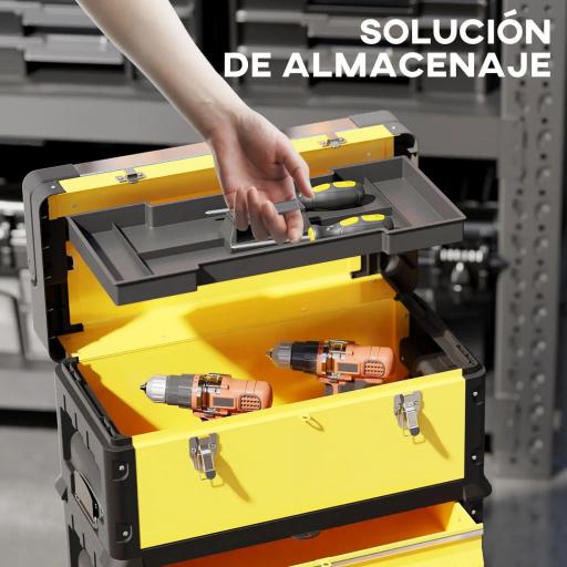 Caja de Herramientas con Ruedas Apilable Carro de Herramientas de Acero con Bandeja Mango Telescópico Amarillo y Negro [4]