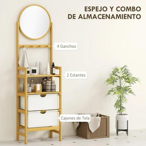 Estantería de Baño de Bambú con Espejo con 4 Ganchos 2 Estantes Abiertos y 2 Cajones de Tela 48,5x30x170 cm Natural [2]