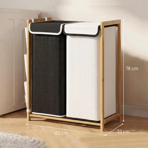 Cesto de Ropa Sucia con Tapa 120L de Bambú con 2 Compartimentos Bolsas con Cordón Bolsillos Laterales Blanco y Negro [1]