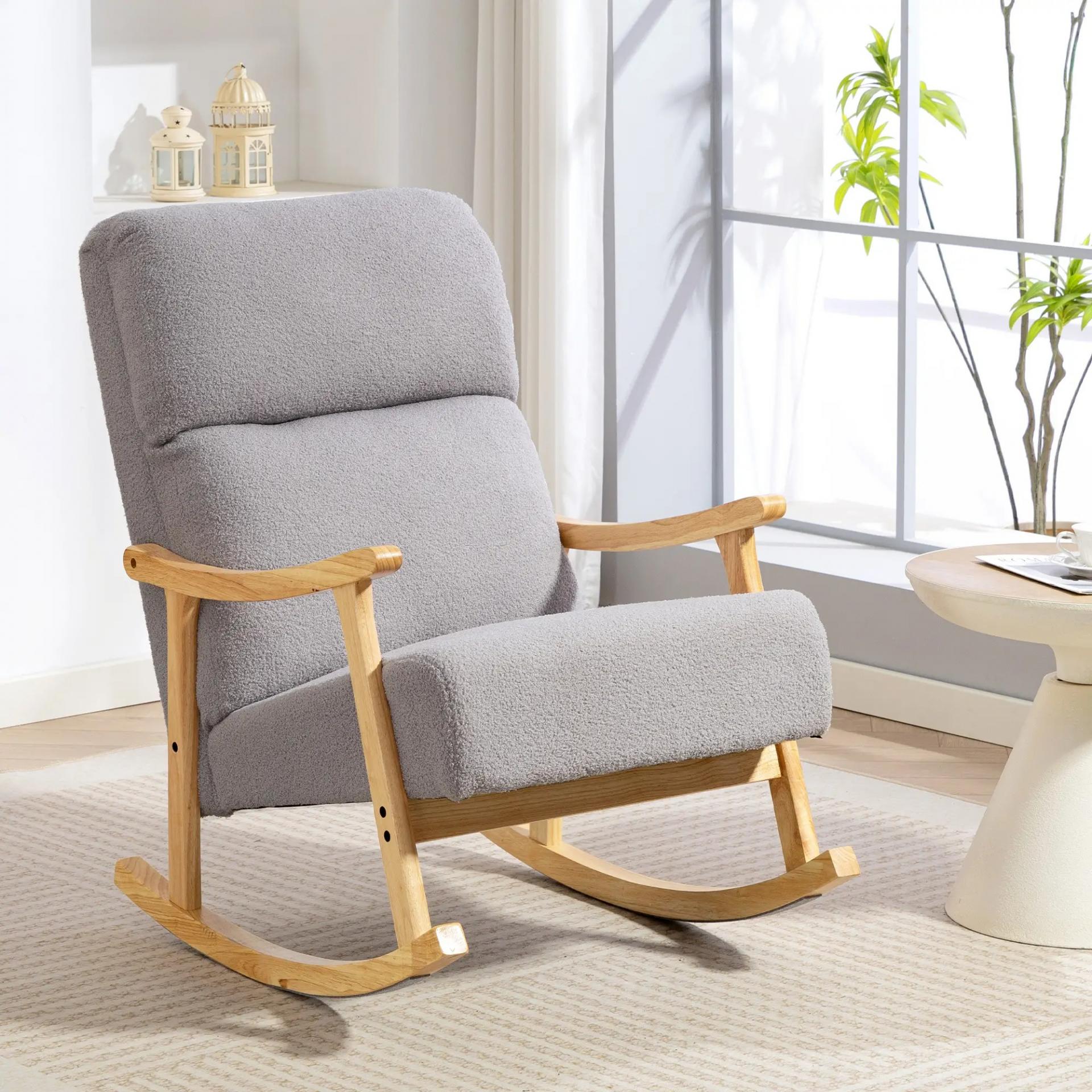 Silla Mecedora de Borreguito con Patas y Reposabrazos de Madera de Caucho Mecedora Carga 120 kg Gris Claro
