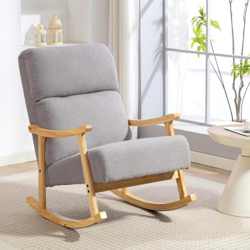 Silla Mecedora de Borreguito con Patas y Reposabrazos de Madera de Caucho Mecedora Carga 120 kg Gris Claro