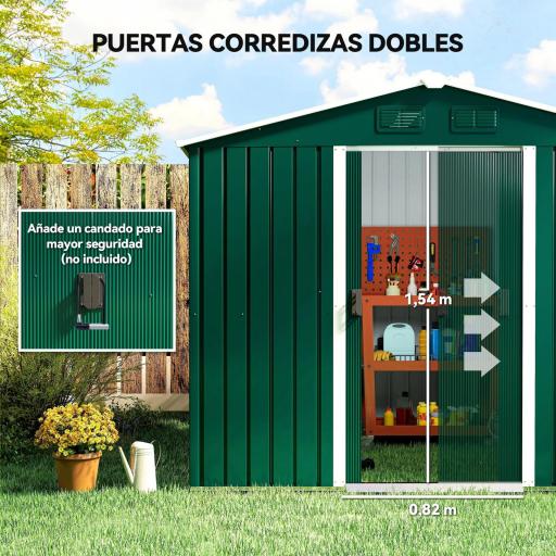 Caseta de Jardín de 3,6m² 236x174x190 cm Cobertizo Exterior para Herramientas con Puertas Correderas y 4 Ventanas Verde [4]