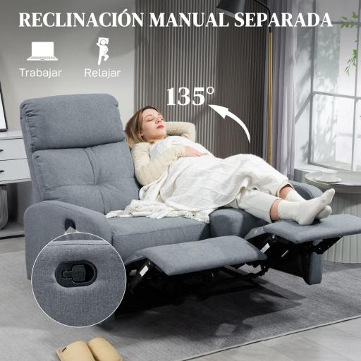 Sofá de 2 Plazas Reclinable Manual Tapizado en Lino con Reposapiés y Acolchado Grueso 118x95x101 cm Gris [2]