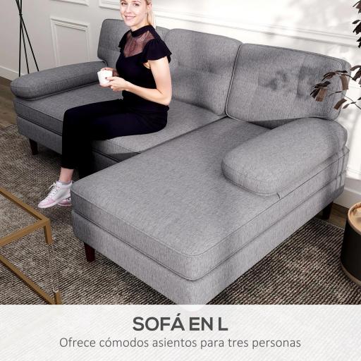 Sofá Esquinero de 3 Plazas Tapizado en Chenilla en Forma de L con Patas de Madera y Reposabrazos 215x142x88 cm Gris [2]